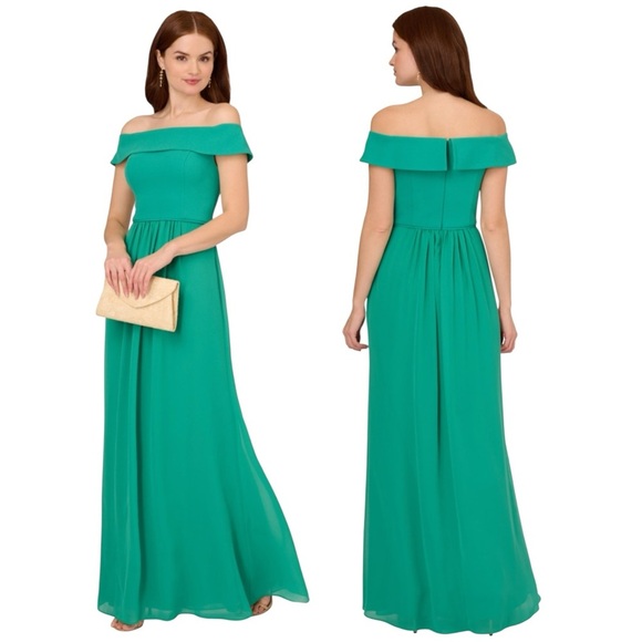 ADRIANNA PAPELL BOTANIC GREEN OFF THE SHOULDER CREPE CHIFFON EVENING GOWN DRESS - Picture 1 of 12